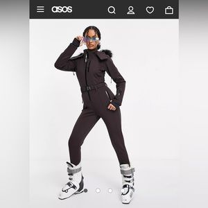 ASOS brown belted ski suit w/faux fur hood